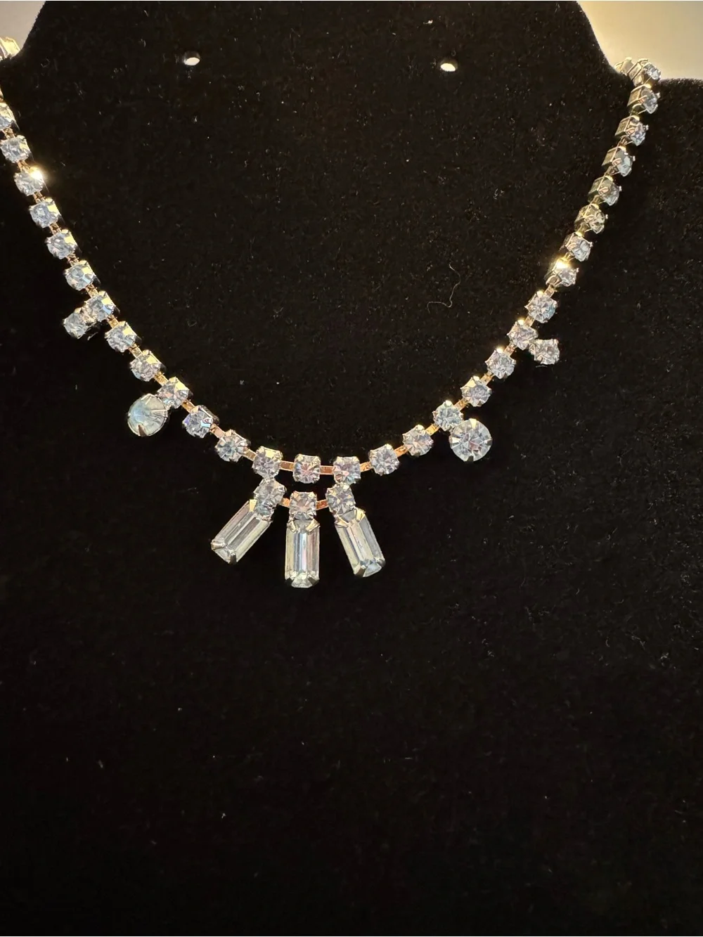 Vintage Icy Blue Rhinestone Fringe Necklace 16” Hollywood Regency